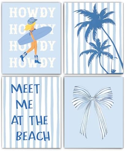 XUNLURY Blue Preppy Beach Diamond Art Kits 4 Pcs, Western Coastal Cowgirl Bow Diamond Painting Kits for Adults Girls Beginners, Full Drill Diamonds Dots for Home Decor, 9.8x11.8 Inch