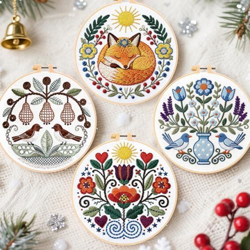 FREEBLOSS 4 Pack Embroidery Kit for Beginners Folk Art Stamped Embroidery Starter Kit with Instruction Cross Stitch Needlepoint Kits for Crafts Adults with 2 Hoops 20cm/7.9inch