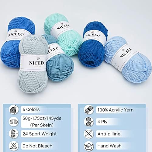 NICEEC 300g Soft Assorted Colors Yarn 100% Acrylic 870yds -Blue Series