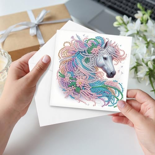 AiYuanzsh Set of 6 Animal Diamond Painting Greeting Cards - Rooster, Turtle, Elephant, Horse, and Fox Designs 5D DIY Craft Kits with Colorful Rhinestones Diamond, Perfect for Birthday and Anniversary