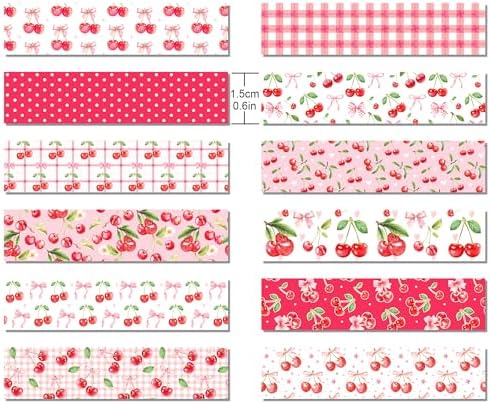 12 Rolls Cherry Washi Tape Set Pink Bow Themed Decorative Masking Tape for DIY Crafts, Scrapbooking & Gift Wrapping