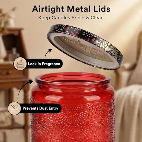 LumaCraft Luxury Embossed Glass Candle Jars for Making Candles - 12 Pack 8oz Empty Candle Containers with Airtight Metal Lids, 20 Wicks & 20 Stickers, Colored Glass Jars for Gifts & Decor