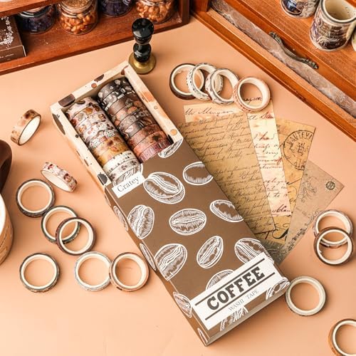 32 Rolls Washi Tape Set,Vintage Coffee Themed Decorative Tape Retro Brown Watercolor Cafe Masking Tape for Journaling Supplies,Junk Journal, Scrapbooking,Planner,DIY Arts & Crafts Supplies