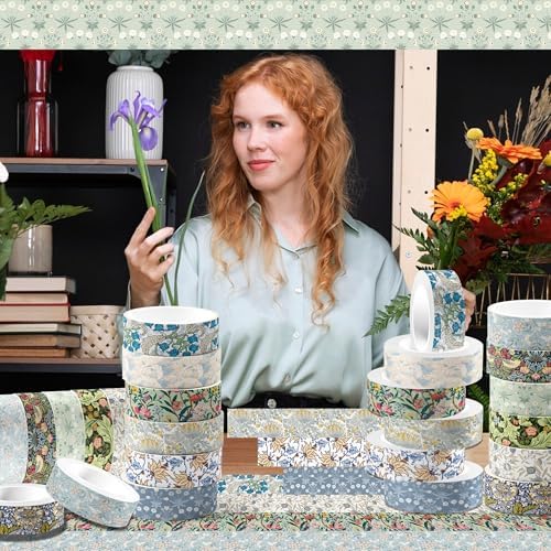12 Rolls William Morris Washi Tape Set, 15 mm x 5 Meters Vintage Flower Decorative Masking Tape, William Morris Style Earthy Tones Botanical Patterns, for Arts DIY Craft, Scrapbook, Journal Supplies