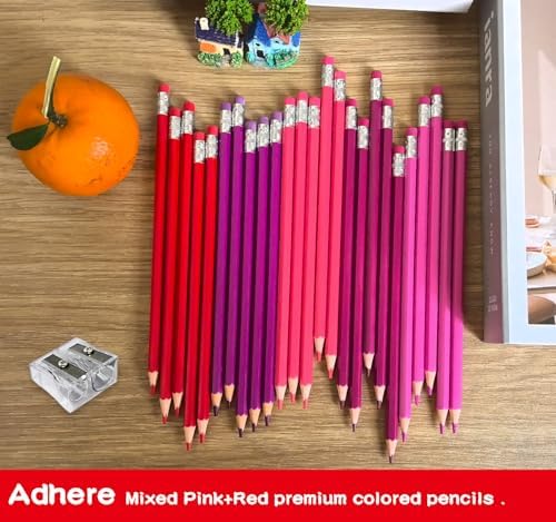 Adhere 25pcs Checking Pencils Erasable colored Pencils Pre-Sharpened #2 HB,for Checking Tests Grading,Map Coloring, editing Office Favors,including a Free sharpener. (Mixed Pink+Red)