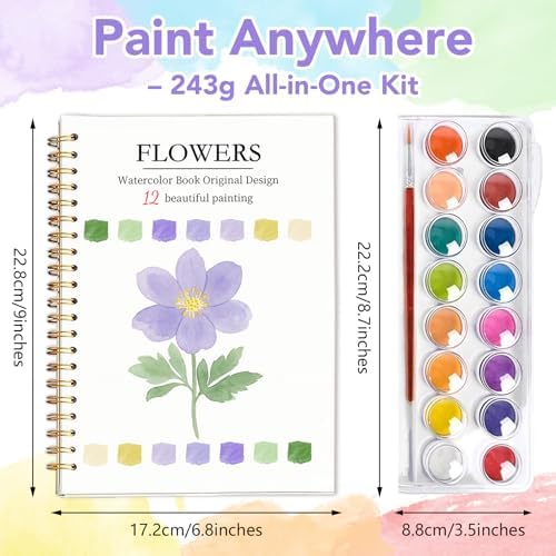 Easy Watercolor Workbook for Beginners - 12 Beautiful Step-by-Step Paintings Water Coloring Book, Includes 16 Watercolors Set, Relaxing Art Projects and Creative Gift for Adults & Teen (Flowers)