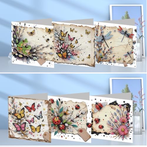 Diamond Art Cards with Envelopes–6PCS DIY Diamond Painting Greeting Cards Kit | Card Making Kit with Bling for Adults & Beginners | Birthday,Holiday & Thank You Cards (Insect Butterfly)