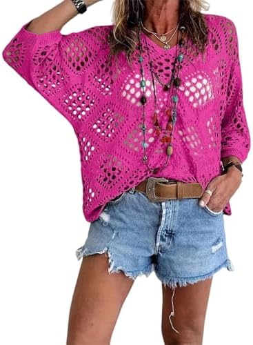 Bohemian Crochet Tops for Women 3/4 Sleeve V-Neck Open Knit Pullover Beach Cover Ups Hollow Out Boho Vacation Blouse
