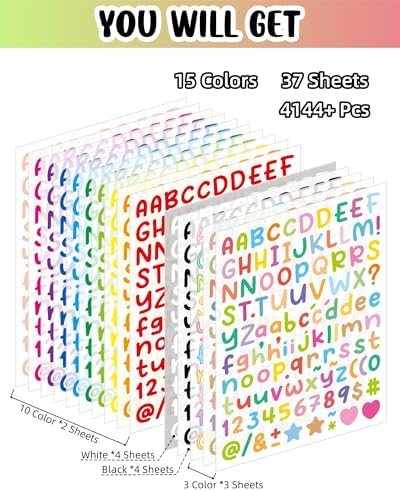 37 Sheets Alphabet Stickers 0.5 Inch Colorful Letter Stickers Small