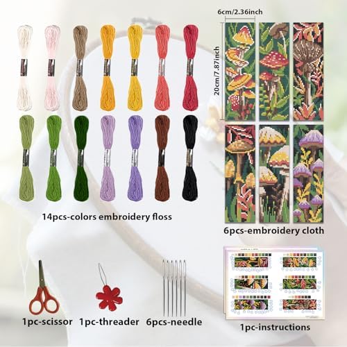 ORIGACH 6 Set Mushroom Plants Cross Stitch Bookmark Kit for Beginner