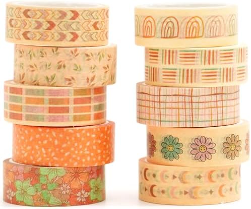 Boho Washi Tape Set 10 Rolls Cute Masking Graphic Floral Pattern Decorative Tapes for Arts, DIY Crafts, Journals, Planners, Scrapbook, Wrapping (Colors)