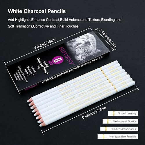 HIFORNY 8 Pieces White Charcoal Pencils Drawing Set for Drawing, Sketching, Shading, Blending - Chalk Pencils for Beginners & Artists