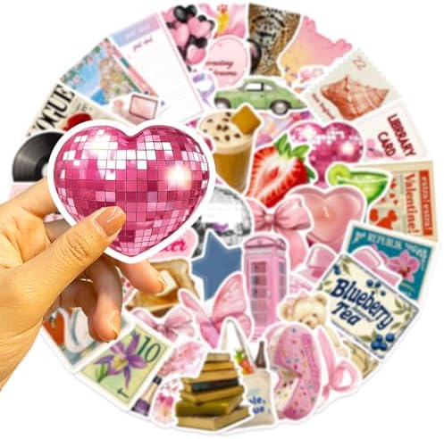 DothRayan 100pcs Vintage Pink Girls Stickers, Y2K Coquette Pink Aesthetic Waterproof Stickers for Water Bottles,Laptop Scrapbook Computer Phone Guitar Aesthetic Decals