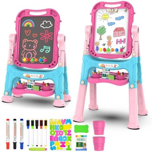 Amagoing Easel for Kids, Adjustable Standing Art Easel for Toddler, Double Chalk Drawing Board with Painting Accessories, Birthday Christmas Gift Toy for Girls 3 4 5 Years Old
