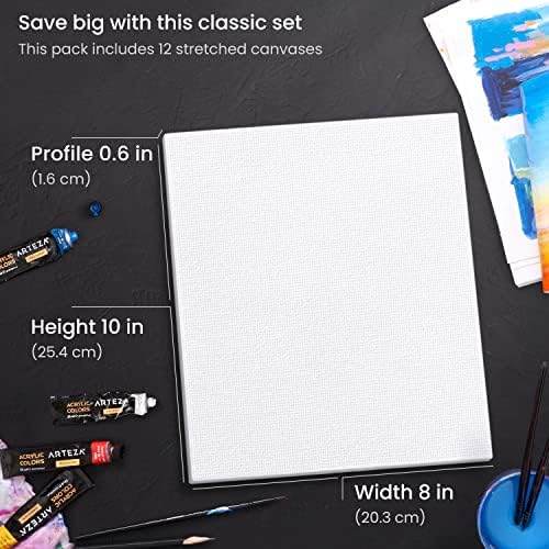 ARTEZA Stretched Canvas, 8 x 10 Inches, Pack of 12, Blank White Canvas for Painting for Acrylic, Oil and Gouache Paints | Cotton-Texture Surface, Wood Bars, White Finish, For Acrylic, Oil, Gouache, Tempera, Dry Brushing and Layered Texture