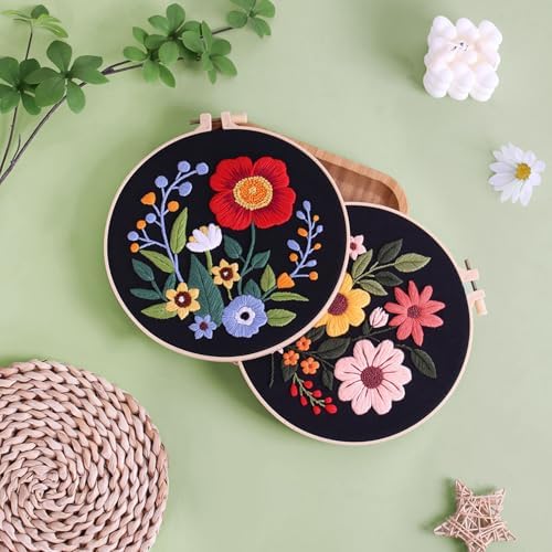 Louise Maelys 3 Pack Floral Embroidery Kit for Beginners with Hoop Threads