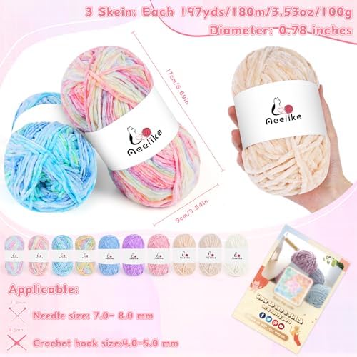 Aeelike 3 Pack Chenille Yarn,Soft Polyester,Each 100g/10.5oz 197yds,Purple