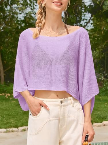Saodimallsu Womens Crochet Cover Ups Batwing Sleeve Sweater Crop Tops Lightweight Summer Boho Knit Sheer Poncho Top