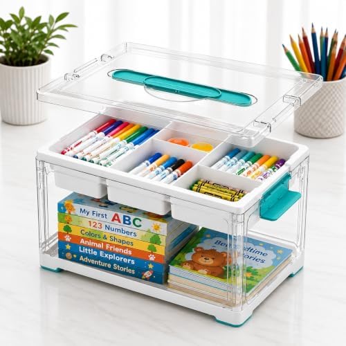 EcoNexa 24 QT Craft Organizers and Storage with Tray, 1 Pack | Craft Storage Box for Art Supplies, Removable Tray for Easy Sorting, Interactive Building Surface, Stores Bricks, Craft Materials