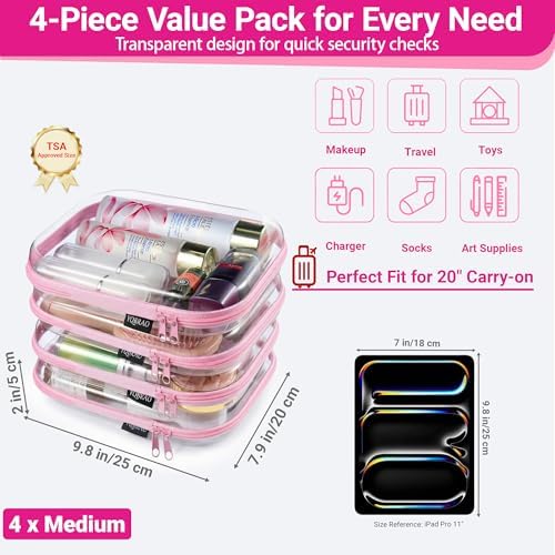YQBRAO Clear Hard Shell Zipper Cases, 4 Medium Makeup Organizers, Pink