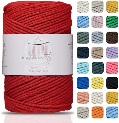 Makromecity, Cotton Macrame Cord 2mm x 195 Yards (590 feet) 2mm Recycled Cotton Crochet Yarn for Macrame Art & Crafts for Wall Hangings, Bags, Underplate, Rug (25 Colors Available) (Red)