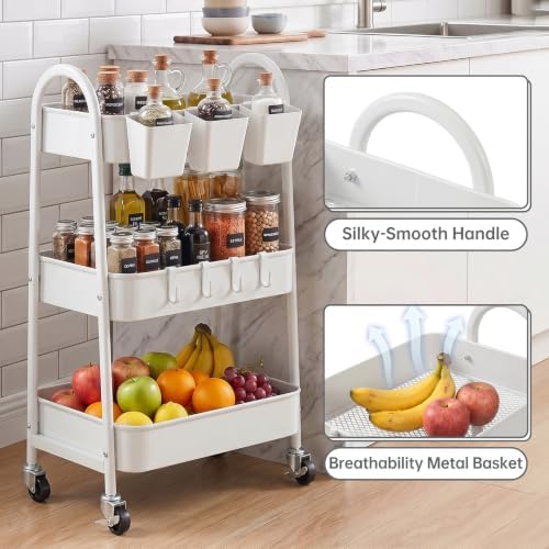 danpinera 3-Tier Rolling Cart, Utility Cart Mobile Metal Rolling Storage Cart with Lockable Wheels & Hanging Cups & Hooks for Kitchen, Bathroom, Office, Workshop, White