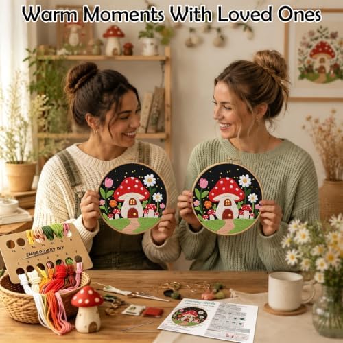 Louise Maelys Mushroom Cottage Embroidery Kit for Adults with Complete Tool