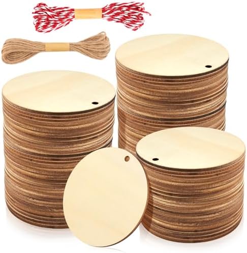 FSWCCK 100 PCS 3 Inch Wood Circles for Crafts – Round Blank Discs with Holes, Unfinished Wooden Cutouts for DIY, Painting, Staining, Coasters,Laser Engraving Sign Blanks, Ornament (3inch-100 Pack)