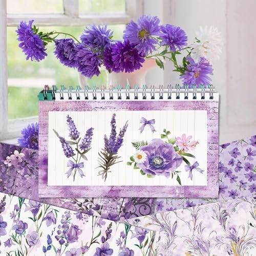 Purple Scrapbook Paper Vintage Flower Pattern Papers Pad 12×12,24 Sheets Double-Sided Spring Bobo Floral Scrapbooking CardStock Paper Pad for Mother's Day Holiday Cardmaking DIY Origami Papers.