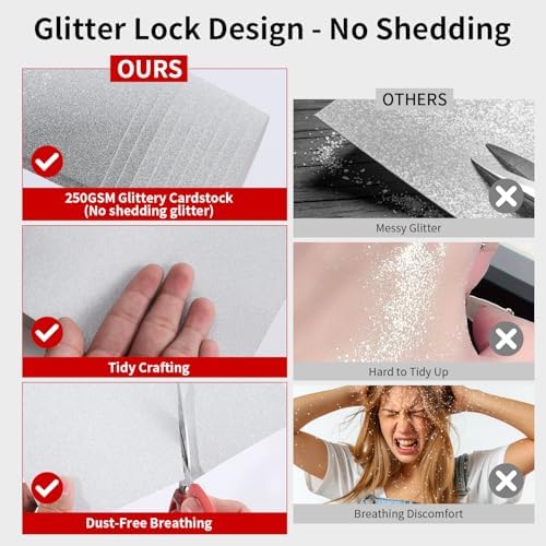 Silver Glitter Cardstock Paper, 40 Sheets A5 Premium Glitter Cardstock for Cricut, Sparkly Cardstock Paper for Card Making, Scrapbooking & DIY Crafts 250 GSM