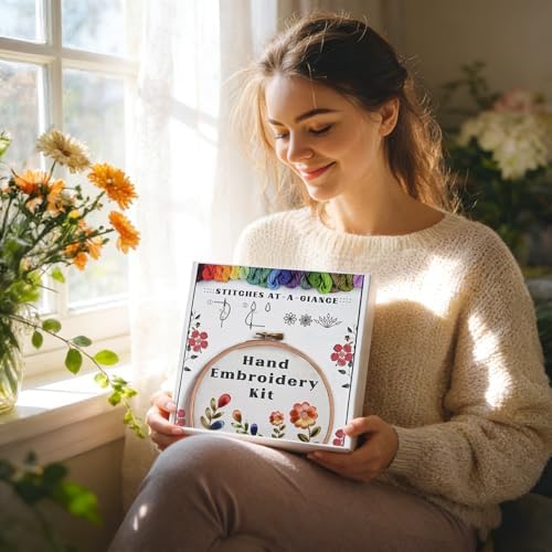 ElasignShopo Embroidery Kit for Beginners Adults – Funny Please Get Out of My House Cross Stitch Kit, Floral Butterfly Pattern Embroidery Starter Set with Hoop, Needles, Threads & Instructions