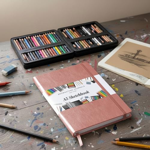 BROWNSTONE JOURNALS A5 Sketch Book Hardcover - 80 Sheets 100 GSM Paper | 5" x 8", Lay Flat, Vegan Leather Cover, Elastic Band, Back Pocket, Compact Art Drawing Book for Adults & Students