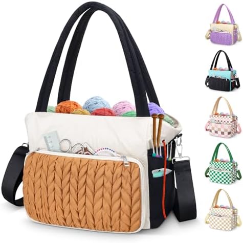 DALINDA Crochet Bag Organizer,Yarn Bag and Tote- Yarn Storage with Multiple Pockets for Crochet Supplies, Knitting Bag for Gifts,Portable & Durable(Brown)