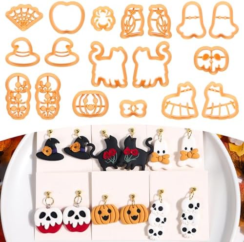 Puocaon Halloween Polymer Clay Cutters - 18 Pcs Halloween Themed Skull Ghost Cat Wizard Witch for Earrings Jewelry Making Clay Earrings Cutters