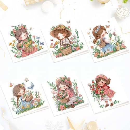 6pcs Diamond Art Painting Kit Greeting Card, Flower Picking Flower Garden 5D DIY Diamond Handmade Holiday Greeting Card with Envelope, Holiday Gift Congratulation
