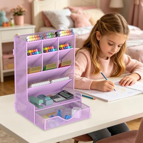 BOHDK Pen Organizer for Desk, Multi-Functional Desk Organizer, Wall Mount Pen Holder with Drawer for School, Office, Home, Art Supplies, Purple
