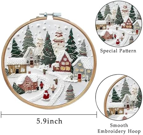 LB Christmas Embroidery Kit for Beginners: 4-Piece Cross Stitch Set with Green Plant, White Snowflake & Gnomes | Adults DIY Starter Kit Includes Hoop, Threads and Tools