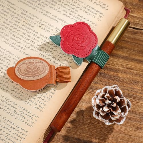 2PCS Vintage Magnetic Leather Bookmark, Leather Magnetic Bookmarks for Women,Unique Book Marks Gifts for Book Lovers， Magnetic PU Bookmarks Clip Book Accessories for Adults & Kids，Roses & Coffee