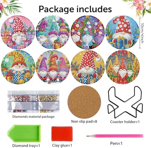 8 Pcs Diamond Art Coaster Kit for Adult with Holder, Diamond Coasters 4x4in