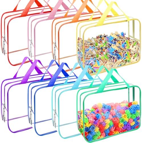 YOPCDJ 8 Packs 8 Colors Toy Storage Bags, Reusable Clear PVC Board Game Storage, Toy Organizers and Storage Bags with Zipper for Building Blocks, Puzzle and Handmade Accessories, Clear Toiletry Bag