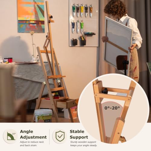 DJAR Solid Beech Wood H-Frame Art Easel with Storage Drawer, Natural | Artist Painting Stand for Adults, Holds Canvas up to 36", Main Mast Adjustable to 75", Great for Home Studios & Classroom