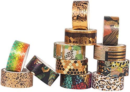 Wild Animals Washi Tape Set 12 Rolls Gold Foil Print Decorative Masking Tapes for Arts, DIY Crafts, Journals, Planners, Scrapbook, Wrapping (African Migration)