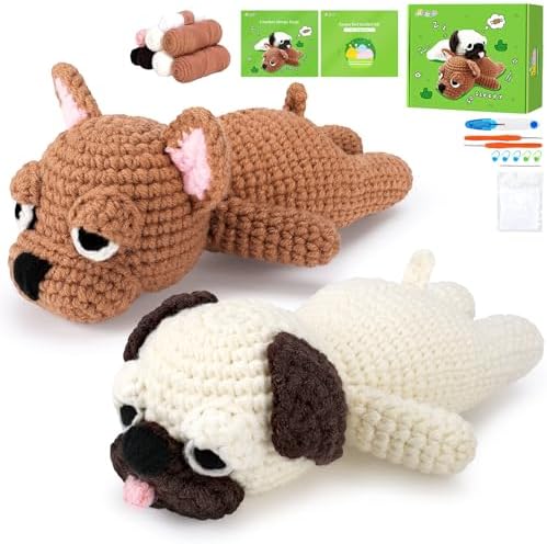 Crochet Kit for Beginners- Teacher Appreciation Gifts, 2 PCS Pug and French Bulldog Crochet Kits for Adults, Sleeping Dog Crochet Kit with Step-by-Step Video Tutorials Instructions DIY Knitting Kit
