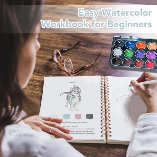Easy Watercolor Workbook for Beginners - 12 Beautiful Step-by-Step Paintings Water Coloring Book, Includes 18 Colors Paints, Relaxing Art Projects and Creative Gift for Adults & Teen (Dogs)