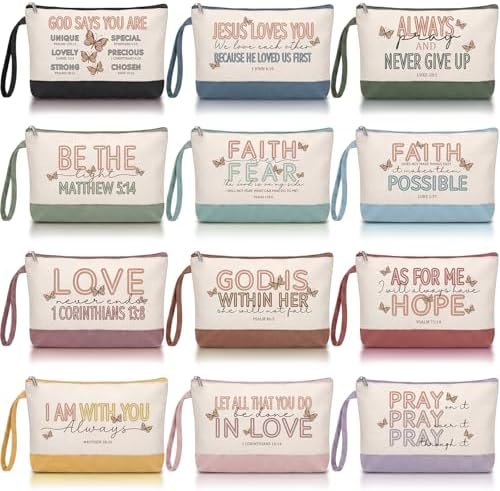 12 Pcs Jesus Canvas Makeup Bags with Zipper DIY Craft Morandi Cosmetic Bags Bulk Heat Transfer Travel Toiletry Pouch for Women Colleagues Friends Christmas Vacation
