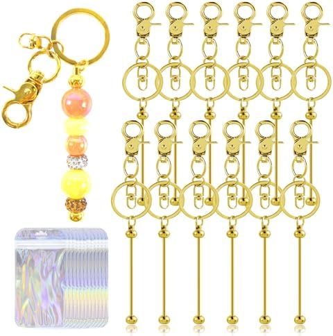 24 Pcs Beadable Keychains Bars bulk - 12 Gold DIY Metal Beaded Keychain Making Kit + 12 Bags Included, Bead Keychain Supplies,Blank Key Chain, Perfect for Women, Men, Mother's Day, Birthday Gift