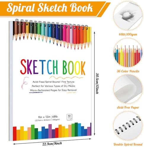 2 Pack Sketch Books for Kids 9 × 12In, 100gsm Drawing Pad with 36 Pencils
