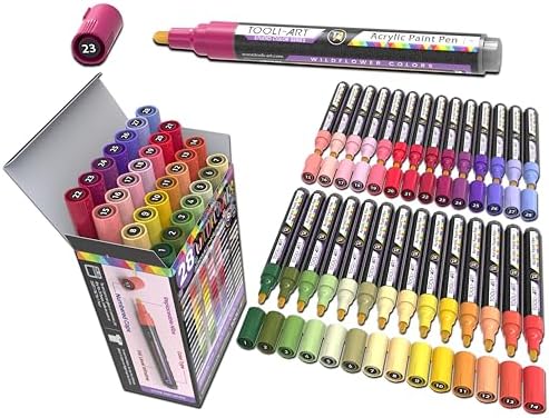28 Wildflower Colors Acrylic Paint Pens Studio Color Series Markers Set 3mm Medium Tip, Rock Painting, Glass, Mugs, Wood, Metal, Canvas, DIY Projects, Detailing. Non Toxic, Waterbased, Quick Drying