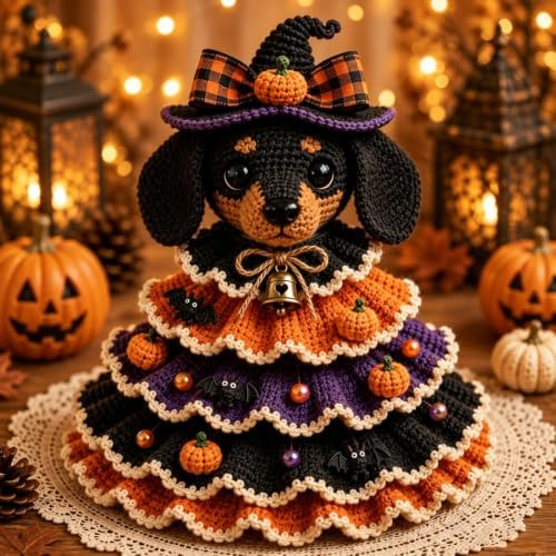 Halloween Crochet Tabletop Decor DIY Kit, Crochet Animal Halloween Tree DIY Craft Kit with Pumpkin Cow Character, Handmade Creative Holiday Craft Set for Adults, Gift for Craft Lovers，Ghost