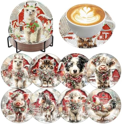 8 Pack Christmas Diamond Art Coasters Kits, (Cork Wooden Pad) 4x4 inch